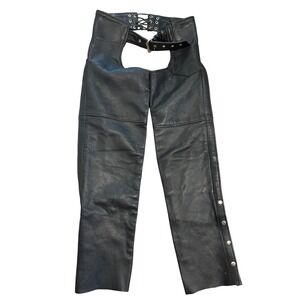 Vintage Hot Leathers Black Leather Motorcycle Riding Chaps Adjustable Belted XXS